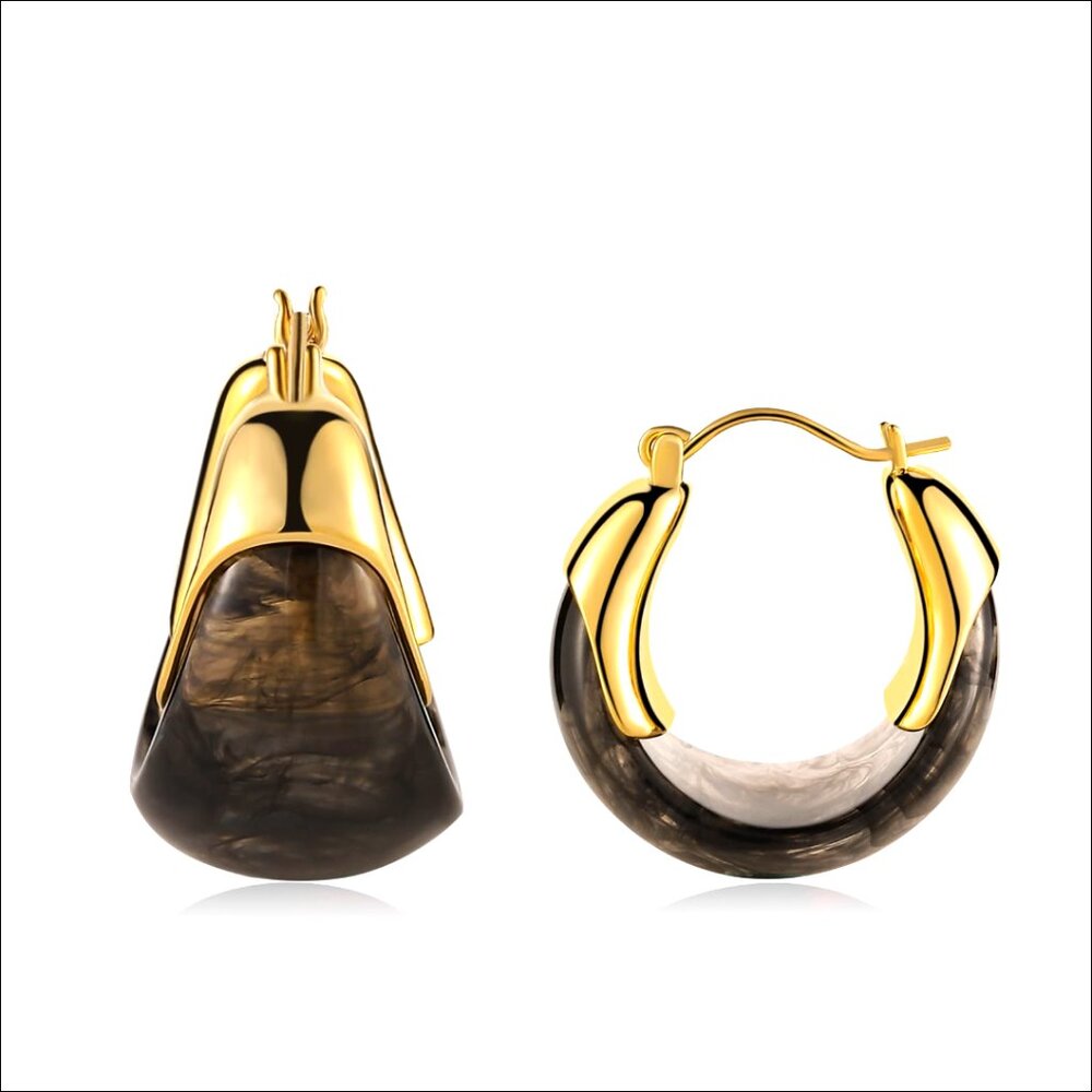 14k Gold Plated Hoop Earrings with Resin Amber Inlay, Hypoallergenic